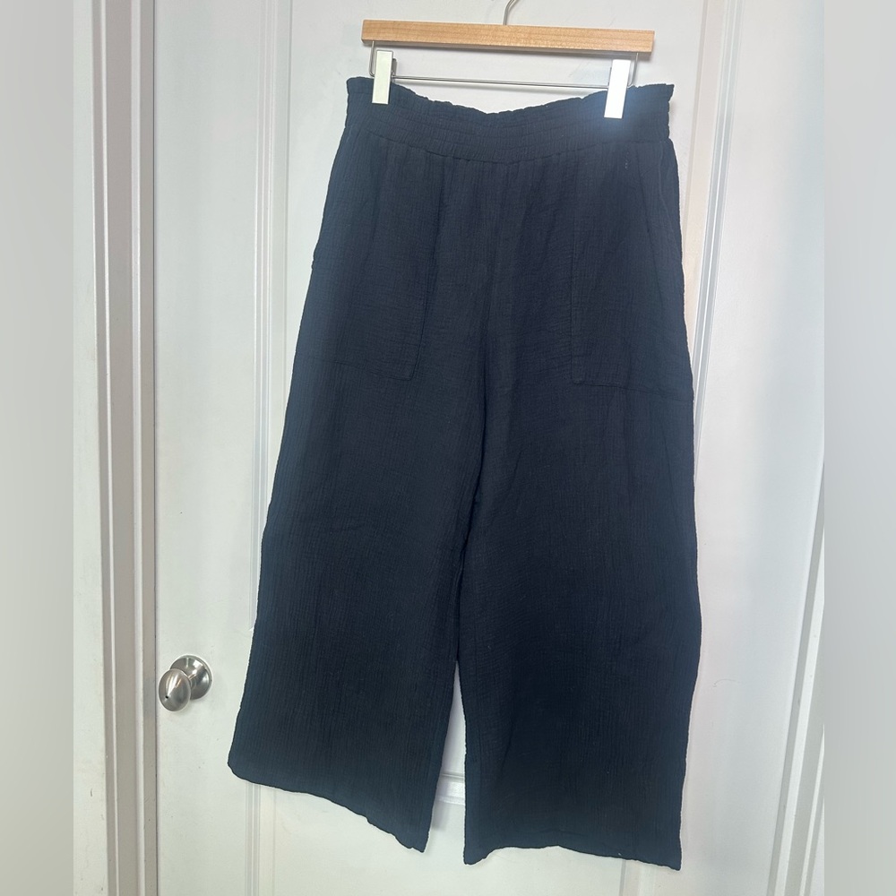 SEED 100% Gauzy Cotton Lightweight Wide Leg Elastic Waist Black Pants, Size 14